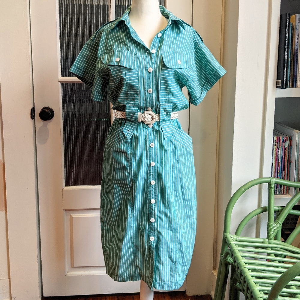 Vintage 1980s Green Pinstripe Cotton Dress Small